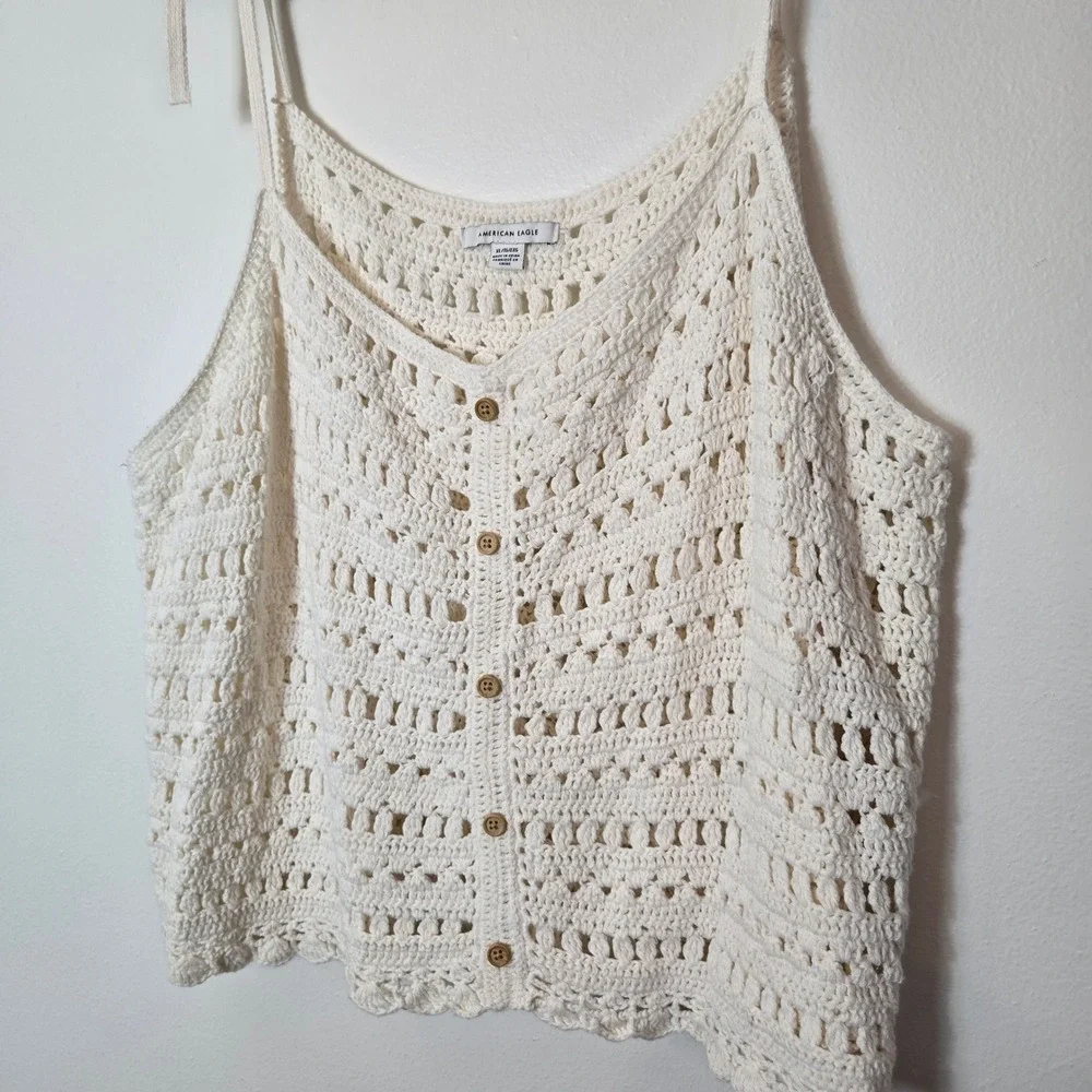 American Eagle Crochet Button Front Cami Tank Top Cream Ivory XL Tie Strap Boho - Picture 2 of 8